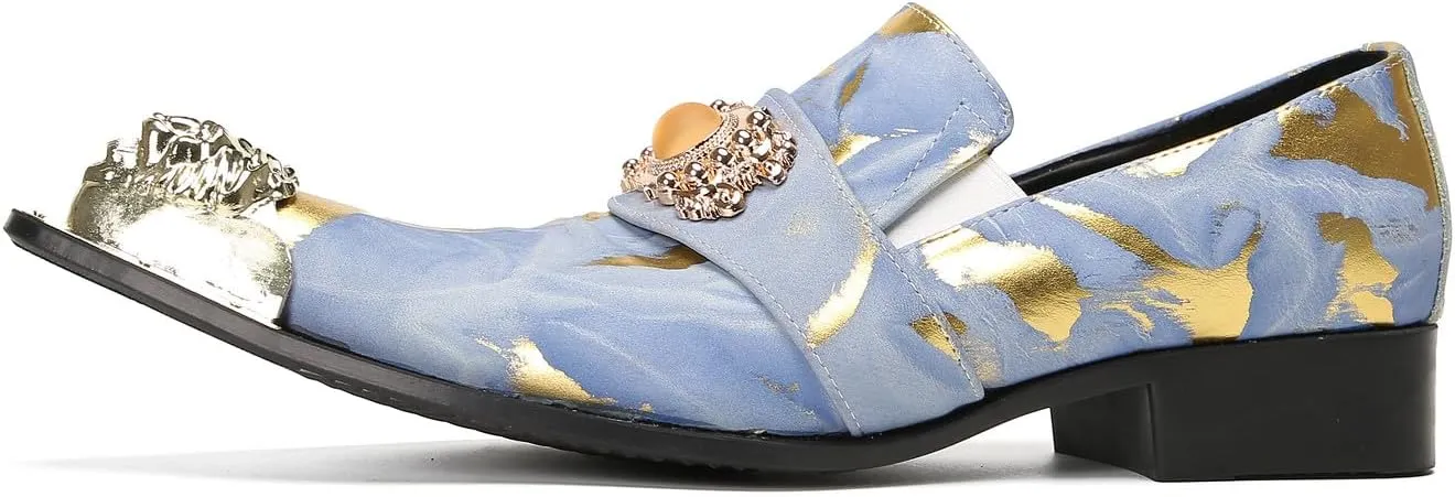 Mens Loafers Casual Party Dress Slip On Penny Loafers Genuine Leather Metal-Tip Toe Gold Diamond Mocassins Fashion Prom Wedding Tuxedo Disco Bar Western Shoes for Men