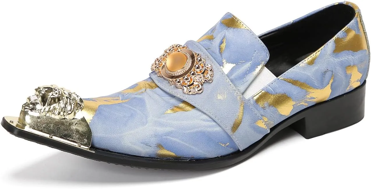 Mens Loafers Casual Party Dress Slip On Penny Loafers Genuine Leather Metal-Tip Toe Gold Diamond Mocassins Fashion Prom Wedding Tuxedo Disco Bar Western Shoes for Men