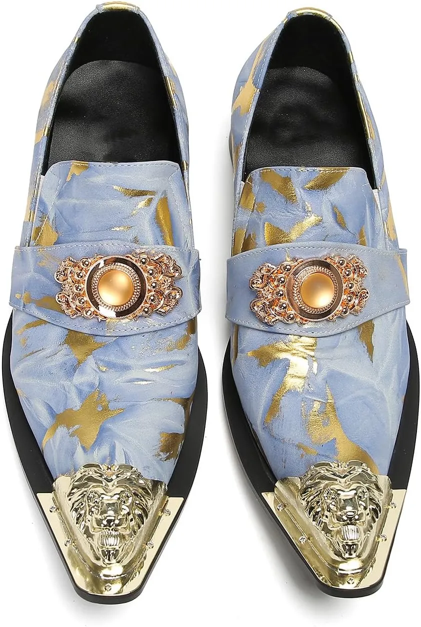 Mens Loafers Casual Party Dress Slip On Penny Loafers Genuine Leather Metal-Tip Toe Gold Diamond Mocassins Fashion Prom Wedding Tuxedo Disco Bar Western Shoes for Men