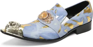Mens Loafers Casual Party Dress Slip On Penny Loafers Genuine Leather Metal-Tip Toe Gold Diamond Mocassins Fashion Prom Wedding Tuxedo Disco Bar Western Shoes for Men