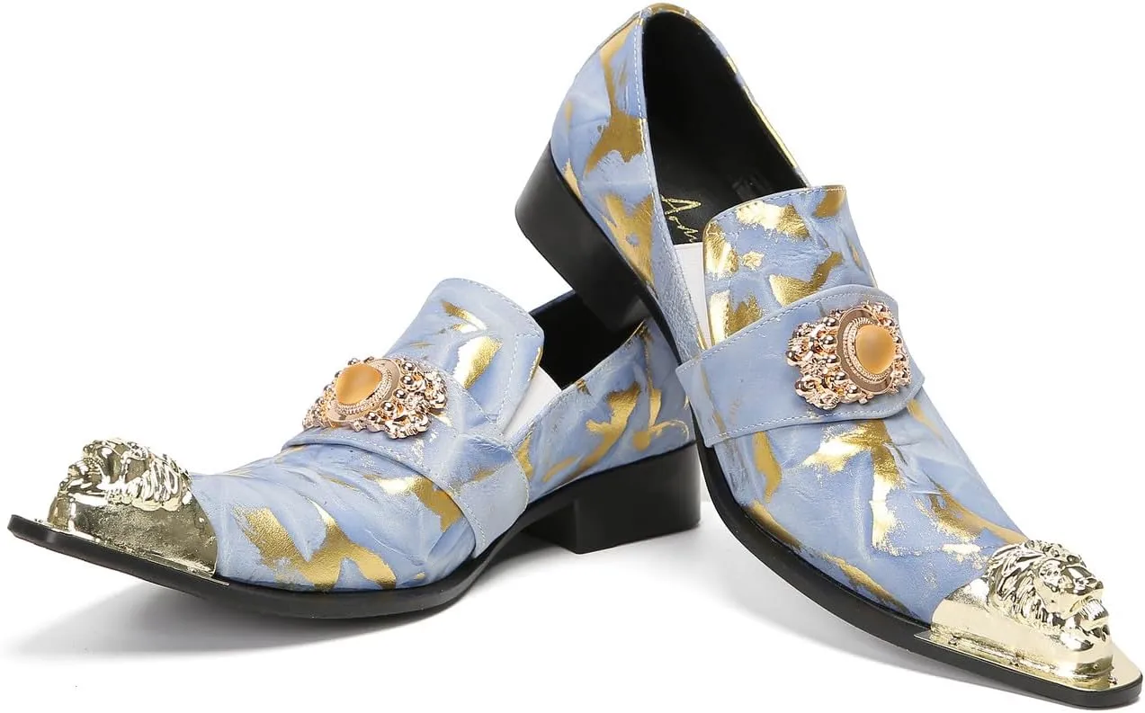 Mens Loafers Casual Party Dress Slip On Penny Loafers Genuine Leather Metal-Tip Toe Gold Diamond Mocassins Fashion Prom Wedding Tuxedo Disco Bar Western Shoes for Men
