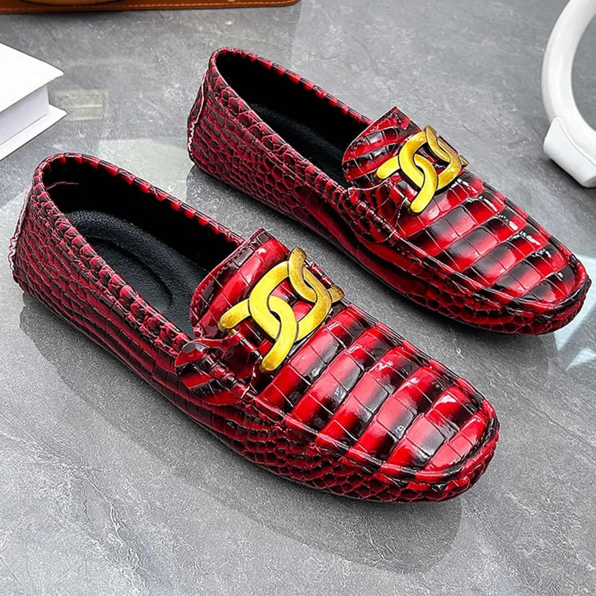 Men's Loafers Casual Slip On Loafers with Crocodile Embossed Metal Buckle Black Penny Loafers Comfortable Lightweight Driving Boat Shoes
