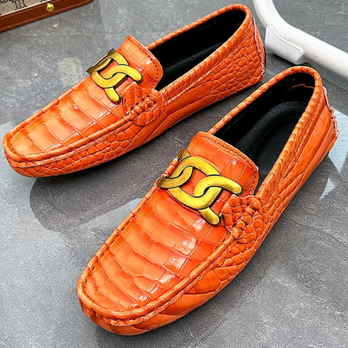 Men's Loafers Casual Slip On Loafers with Crocodile Embossed Metal Buckle Black Penny Loafers Comfortable Lightweight Driving Boat Shoes