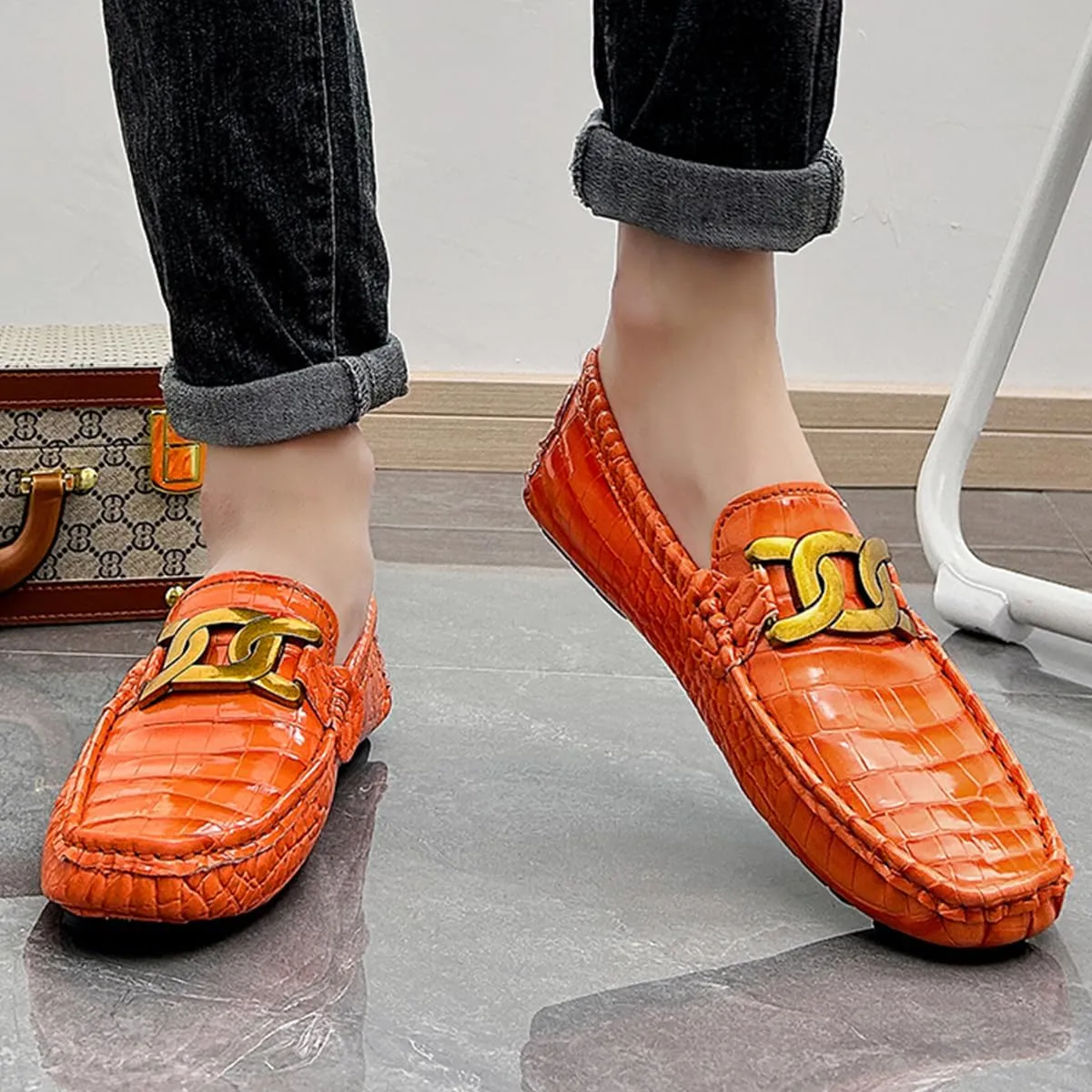 Men's Loafers Casual Slip On Loafers with Crocodile Embossed Metal Buckle Black Penny Loafers Comfortable Lightweight Driving Boat Shoes