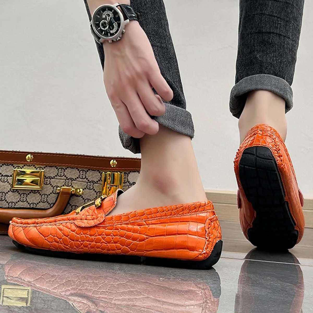 Men's Loafers Casual Slip On Loafers with Crocodile Embossed Metal Buckle Black Penny Loafers Comfortable Lightweight Driving Boat Shoes
