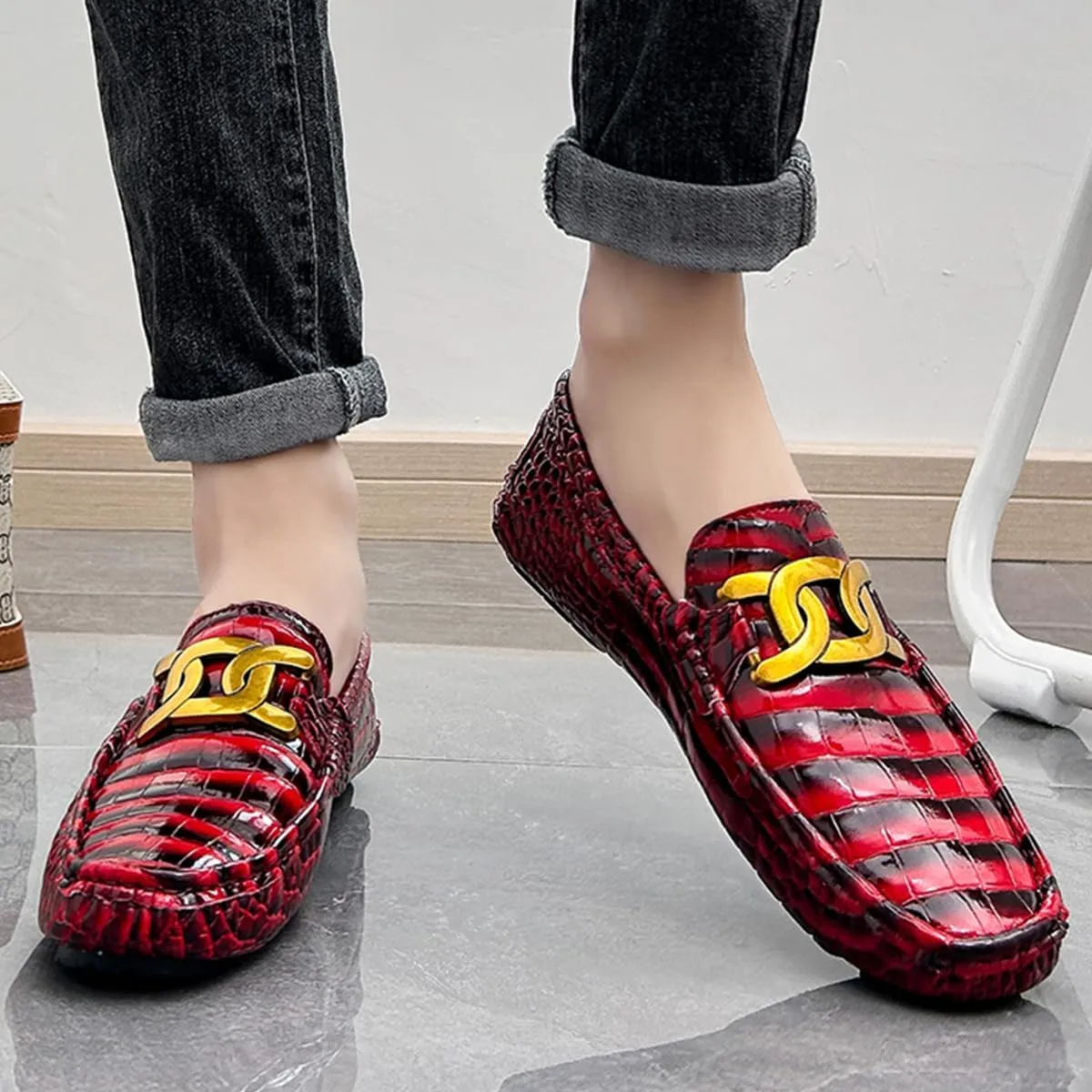 Men's Loafers Casual Slip On Loafers with Crocodile Embossed Metal Buckle Black Penny Loafers Comfortable Lightweight Driving Boat Shoes