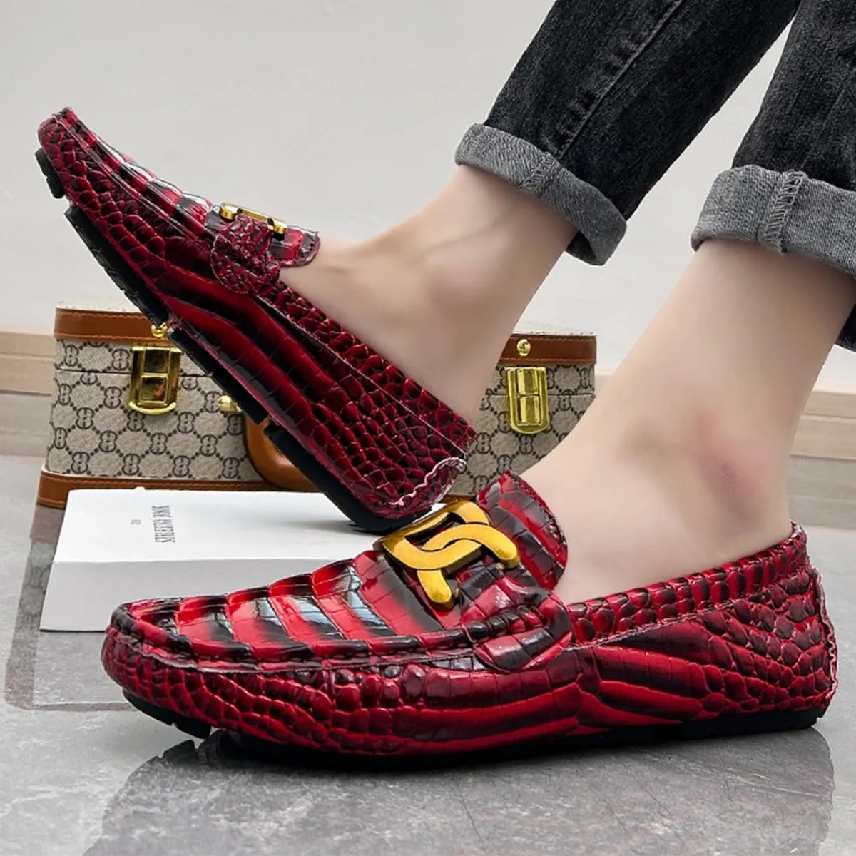 Men's Loafers Casual Slip On Loafers with Crocodile Embossed Metal Buckle Black Penny Loafers Comfortable Lightweight Driving Boat Shoes