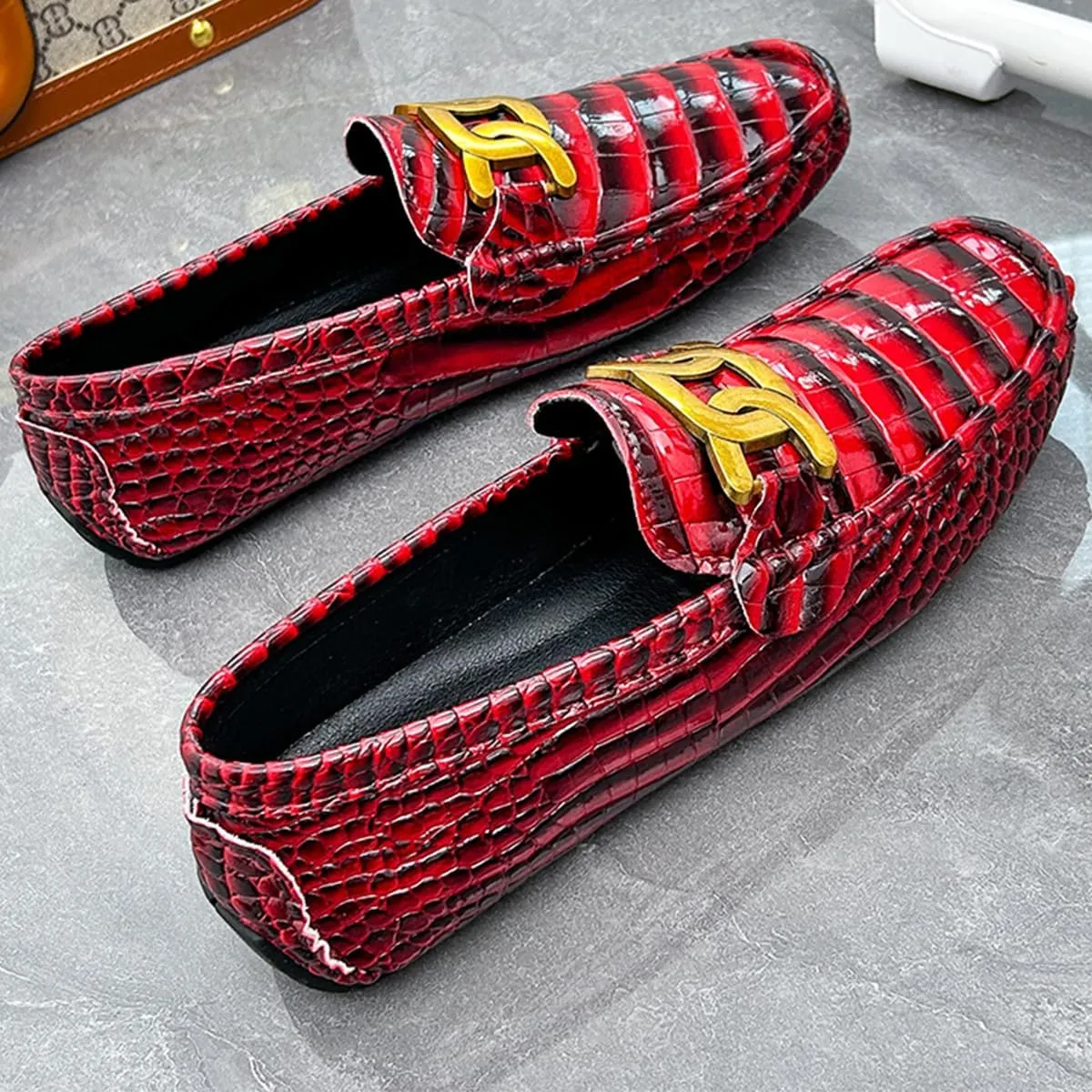Men's Loafers Casual Slip On Loafers with Crocodile Embossed Metal Buckle Black Penny Loafers Comfortable Lightweight Driving Boat Shoes