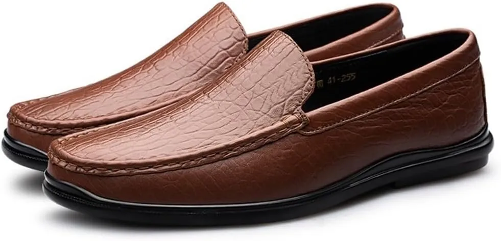 Mens Loafers Round Toe Genuine Leather Crocodile Print Loafer Shoes Flexible Resistant Flat Heel Prom Slip On
