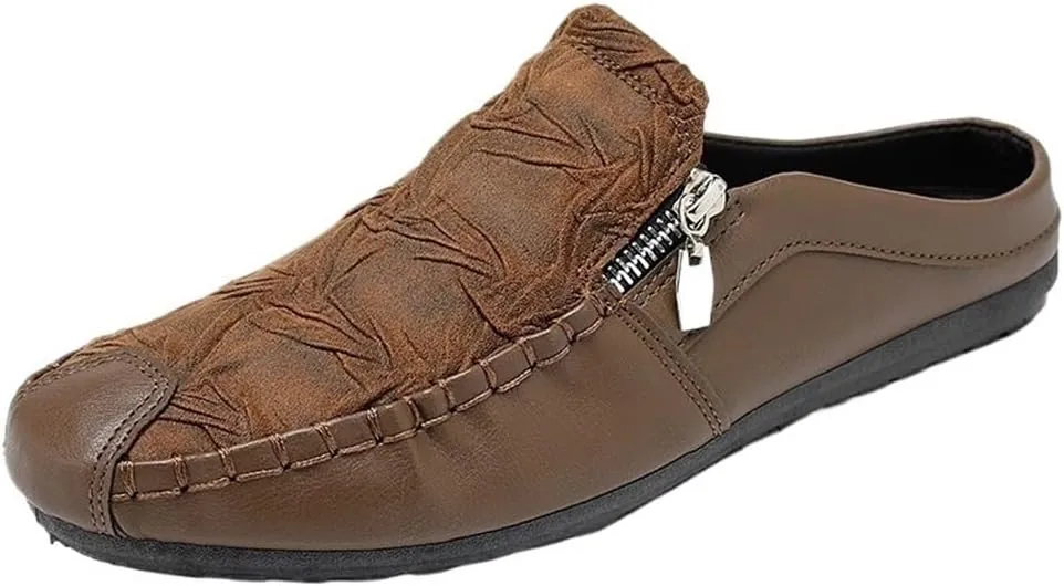 Mens Loafers Shoe Solid Color Stitching Details with Zipper Slippers Anti-Slip Lightweight Flat Heel