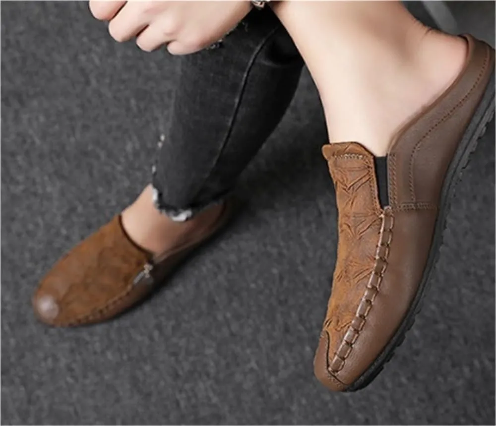 Mens Loafers Shoe Solid Color Stitching Details with Zipper Slippers Anti-Slip Lightweight Flat Heel