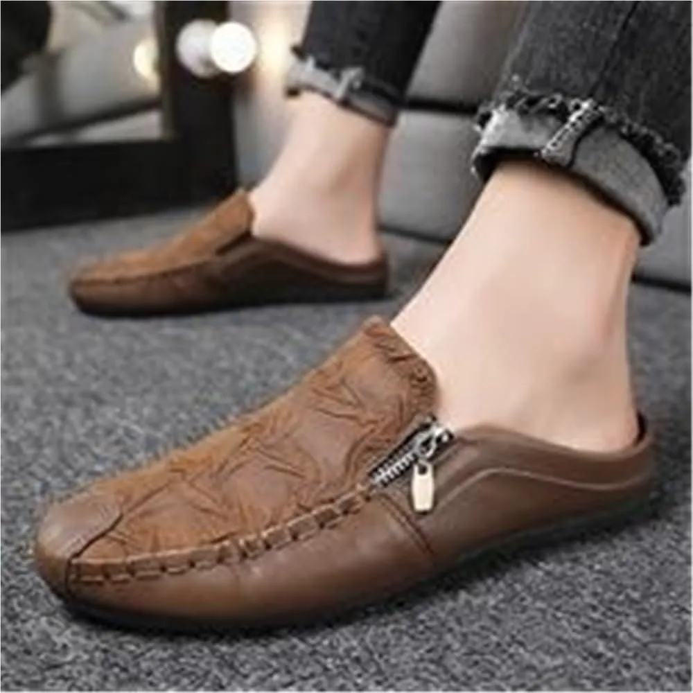 Mens Loafers Shoe Solid Color Stitching Details with Zipper Slippers Anti-Slip Lightweight Flat Heel
