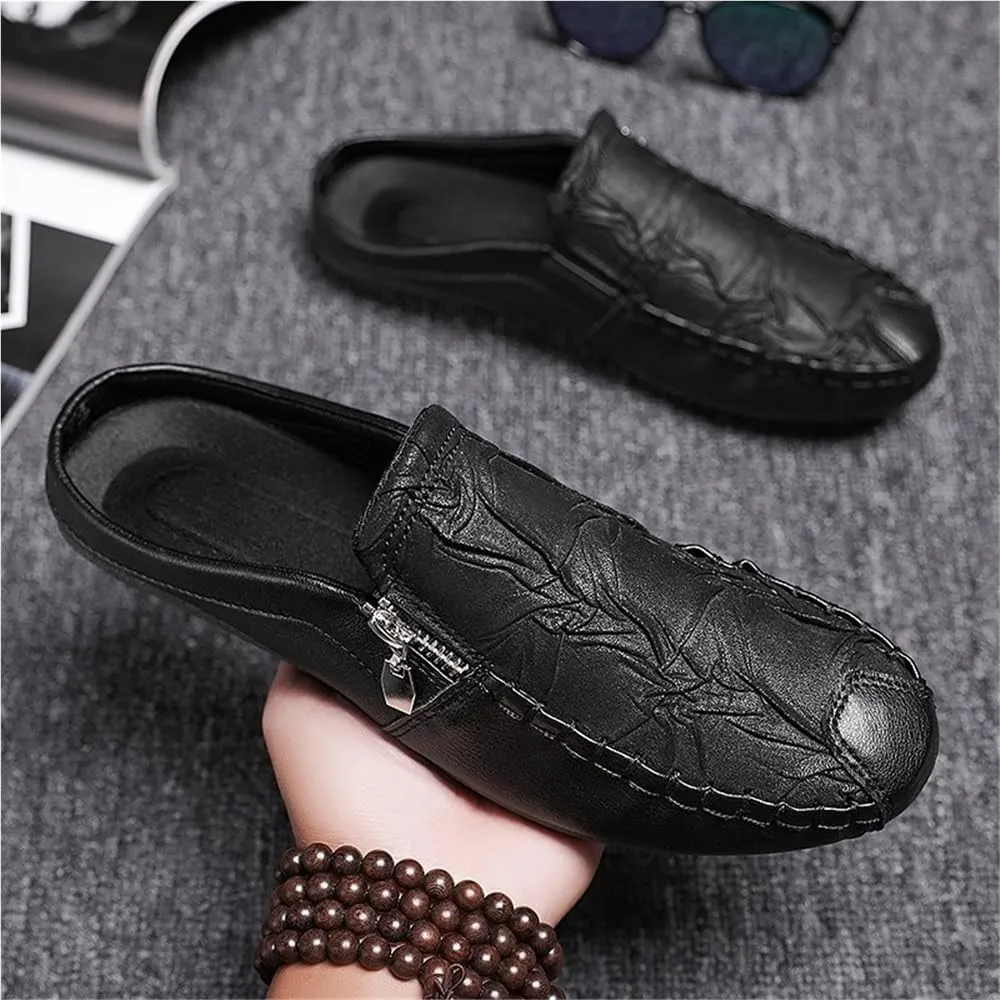 Mens Loafers Shoe Solid Color Stitching Details with Zipper Slippers Anti-Slip Lightweight Flat Heel