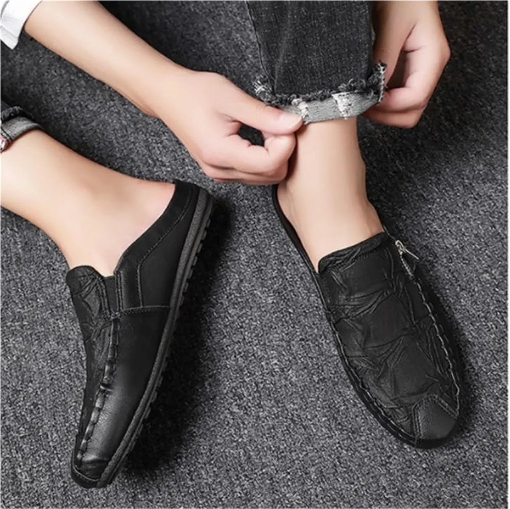 Mens Loafers Shoe Solid Color Stitching Details with Zipper Slippers Anti-Slip Lightweight Flat Heel