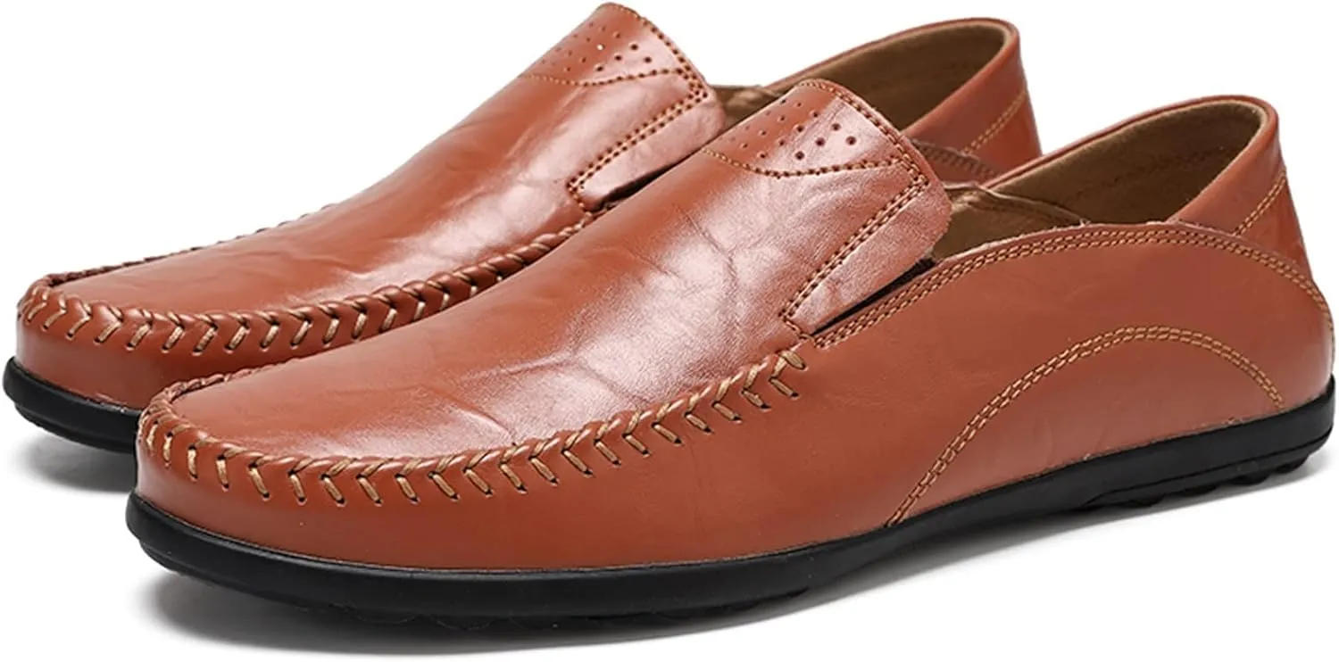 Men's Loafers Vegan Leather Stitching Details Round Toe Breathable Anti-Slip Flat Heel Resistant Party Slip On