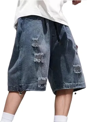 Men's Loose Y2K Hip Hop Mid Jean Shorts Work Denim Shorts with Pockets Casual Summer Streetwear Clothes