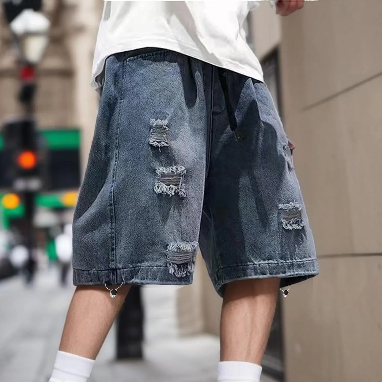 Men's Loose Y2K Hip Hop Mid Jean Shorts Work Denim Shorts with Pockets Casual Summer Streetwear Clothes