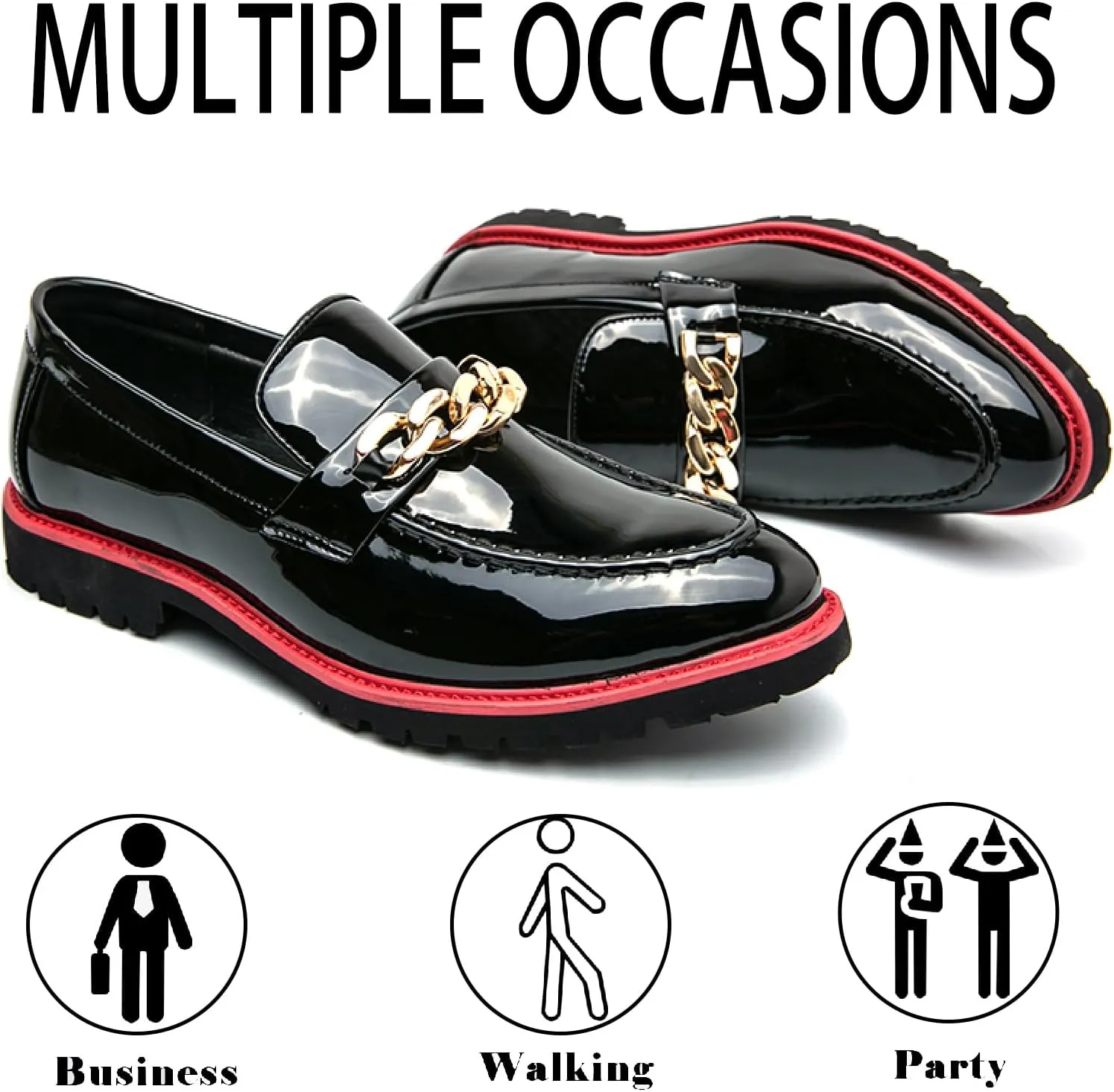 Men's Patent Leather Chain Decor Loafers Lug Sole Non-Slip Platform Tassel Dress Shoes Comfort Pointed Toe Slip-on Block Heel Oxfords for Business Driving Office Walking