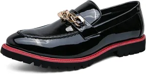 Men's Patent Leather Chain Decor Loafers Lug Sole Non-Slip Platform Tassel Dress Shoes Comfort Pointed Toe Slip-on Block Heel Oxfords for Business Driving Office Walking