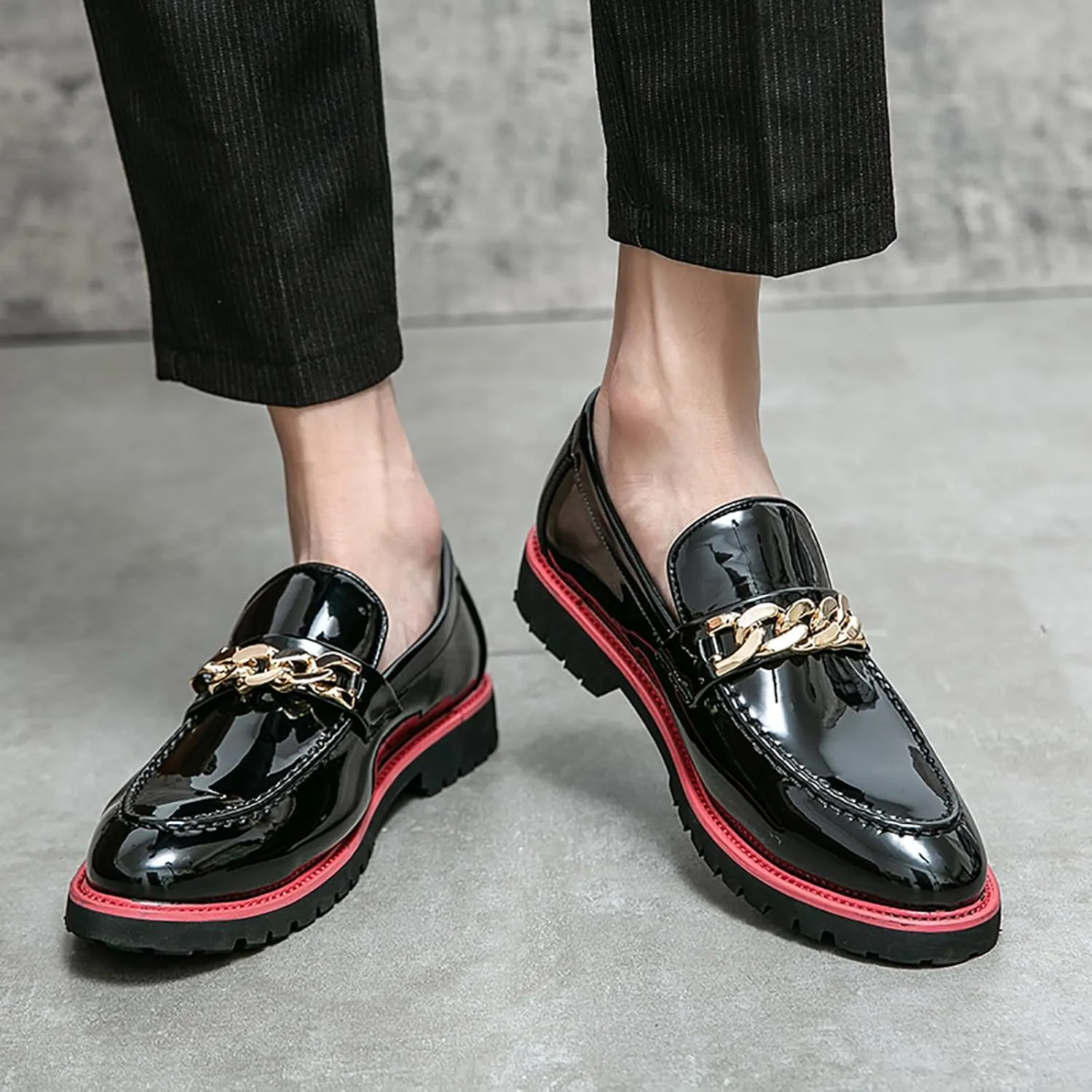 Men's Patent Leather Chain Decor Loafers Lug Sole Non-Slip Platform Tassel Dress Shoes Comfort Pointed Toe Slip-on Block Heel Oxfords for Business Driving Office Walking