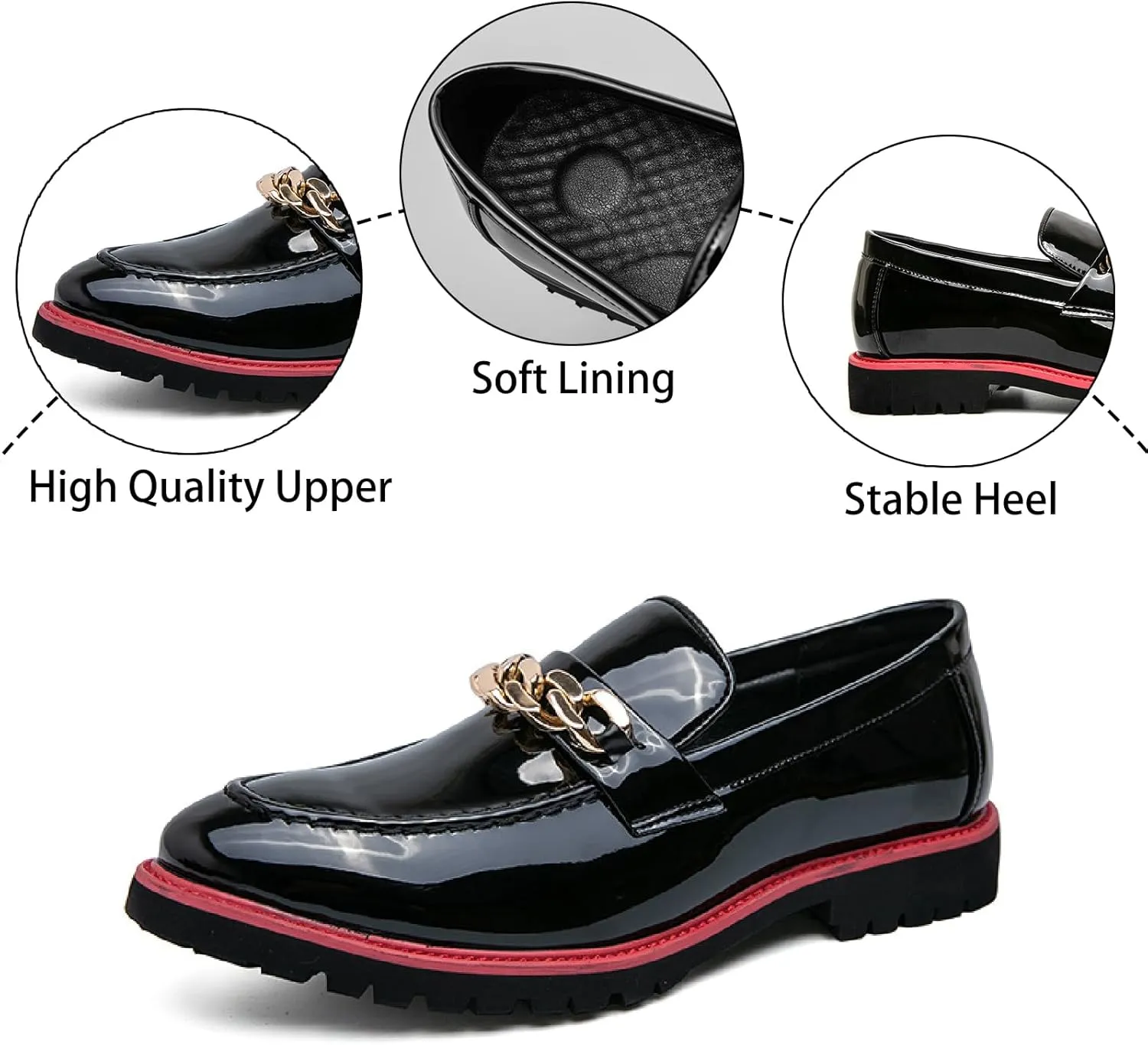 Men's Patent Leather Chain Decor Loafers Lug Sole Non-Slip Platform Tassel Dress Shoes Comfort Pointed Toe Slip-on Block Heel Oxfords for Business Driving Office Walking