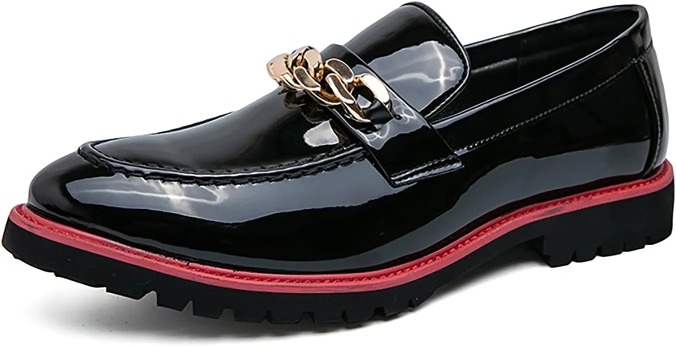Men's Patent Leather Chain Decor Loafers Lug Sole Non-Slip Platform Tassel Dress Shoes Comfort Pointed Toe Slip-on Block Heel Oxfords for Business Driving Office Walking
