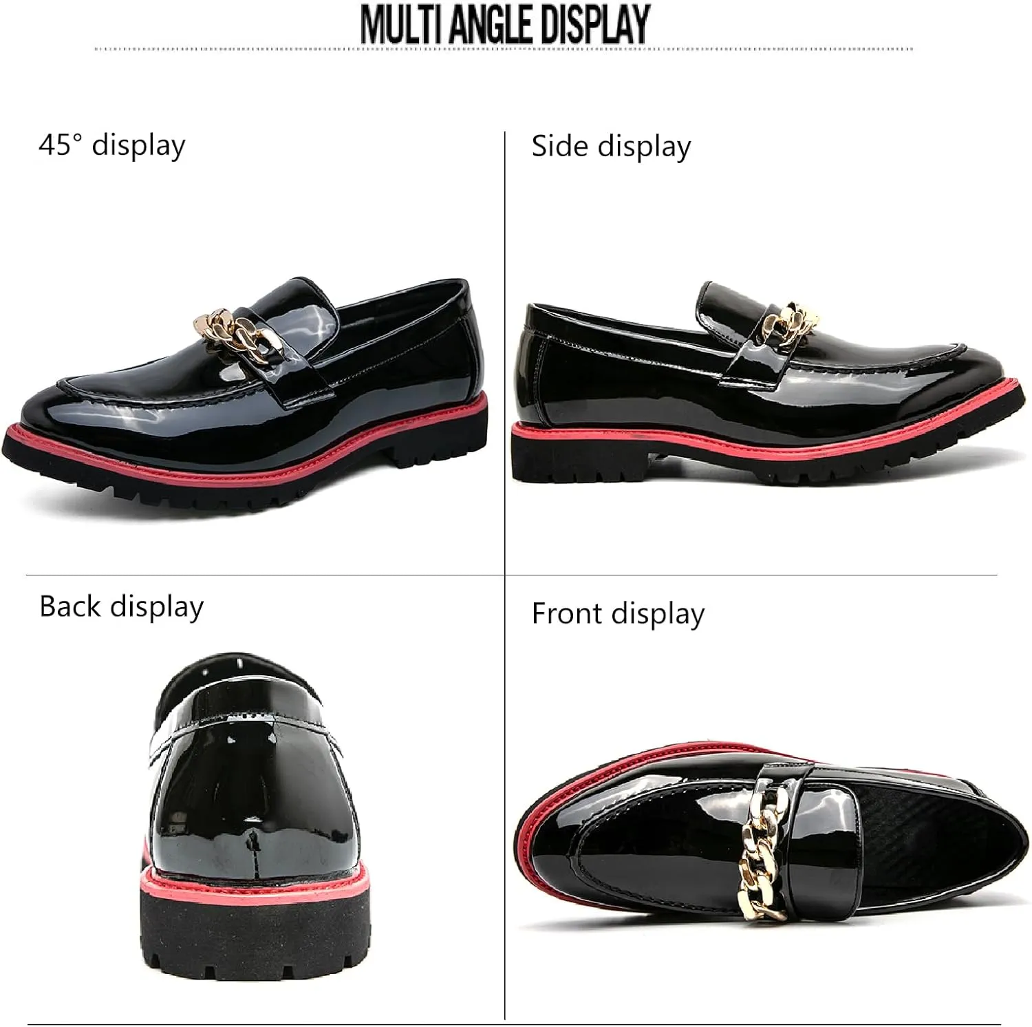 Men's Patent Leather Chain Decor Loafers Lug Sole Non-Slip Platform Tassel Dress Shoes Comfort Pointed Toe Slip-on Block Heel Oxfords for Business Driving Office Walking