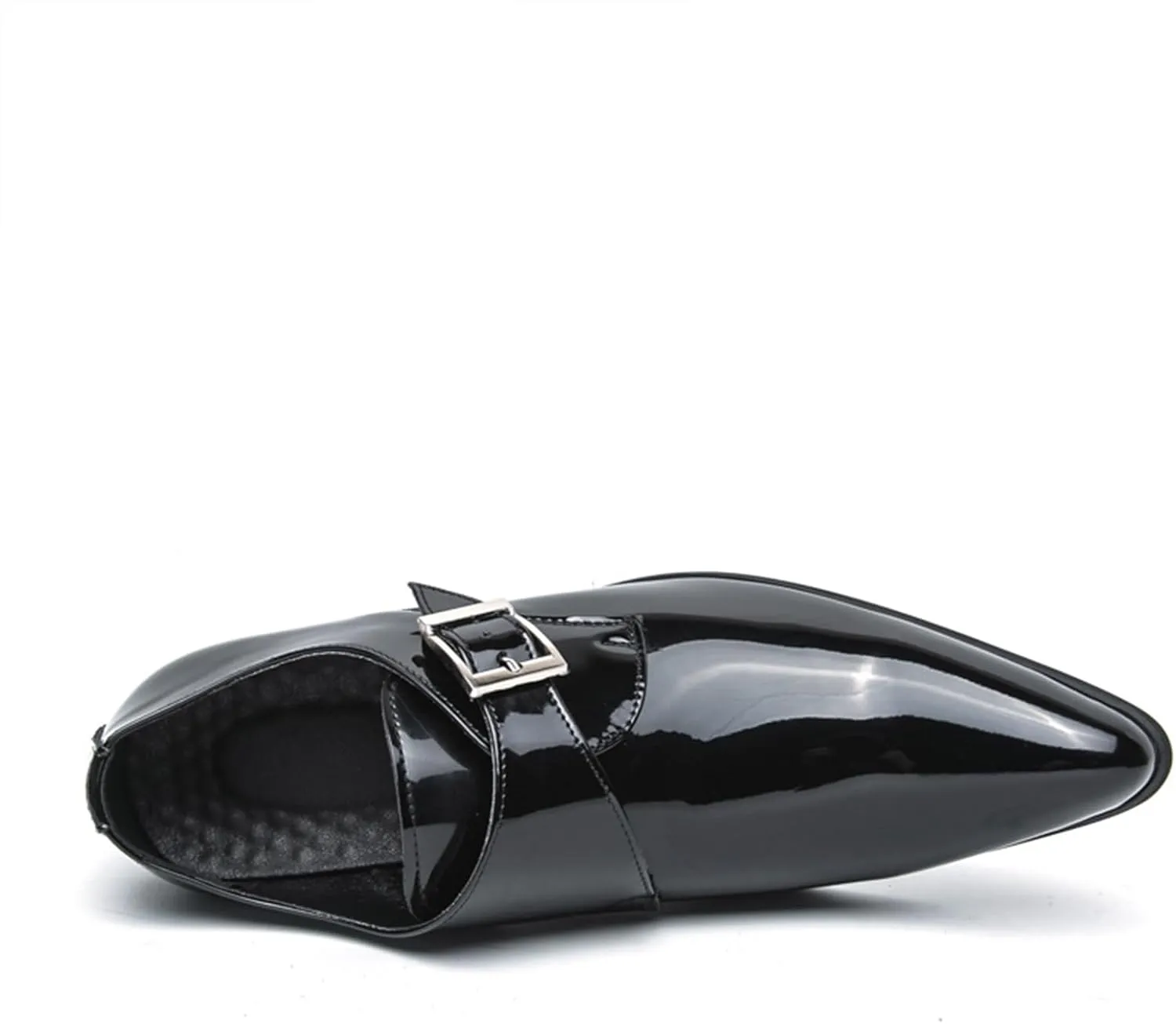 Men's Patent Leather Low Block Heel Loafers with Monk Strap Comfortable Non-Slip Pointed Toe Business Tuxedo Oxford Shoes