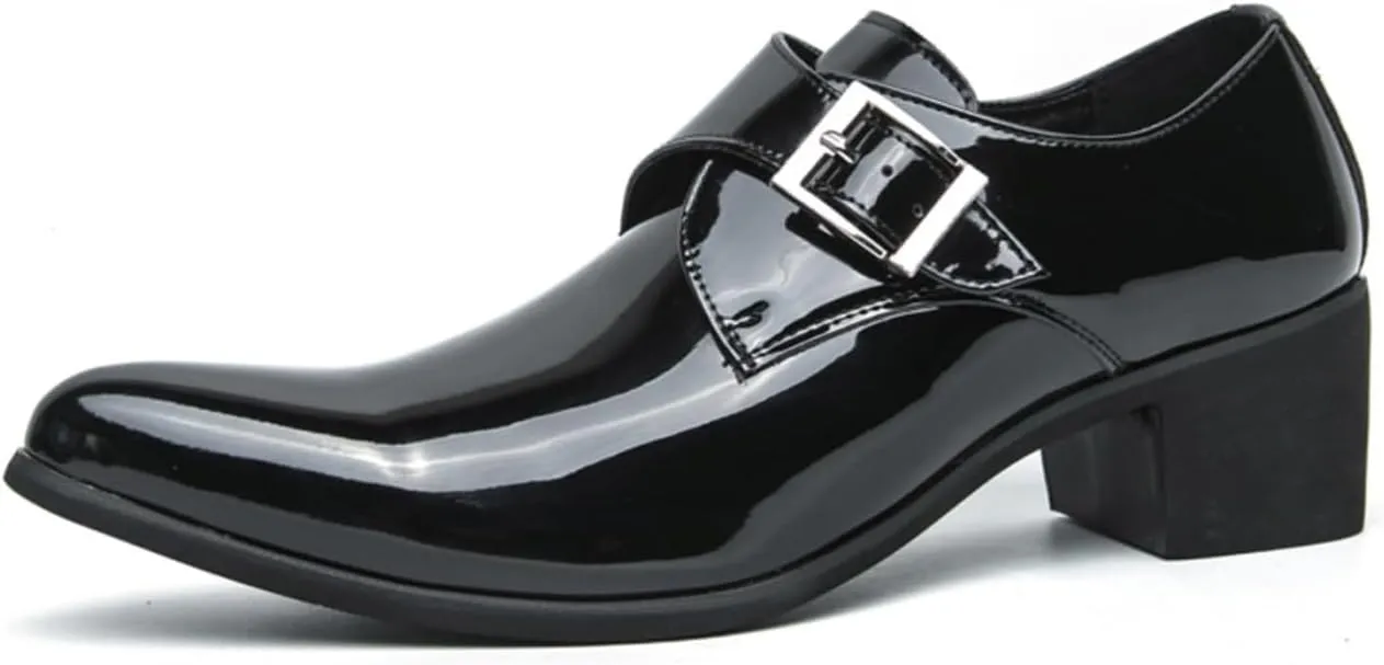 Men's Patent Leather Low Block Heel Loafers with Monk Strap Comfortable Non-Slip Pointed Toe Business Tuxedo Oxford Shoes
