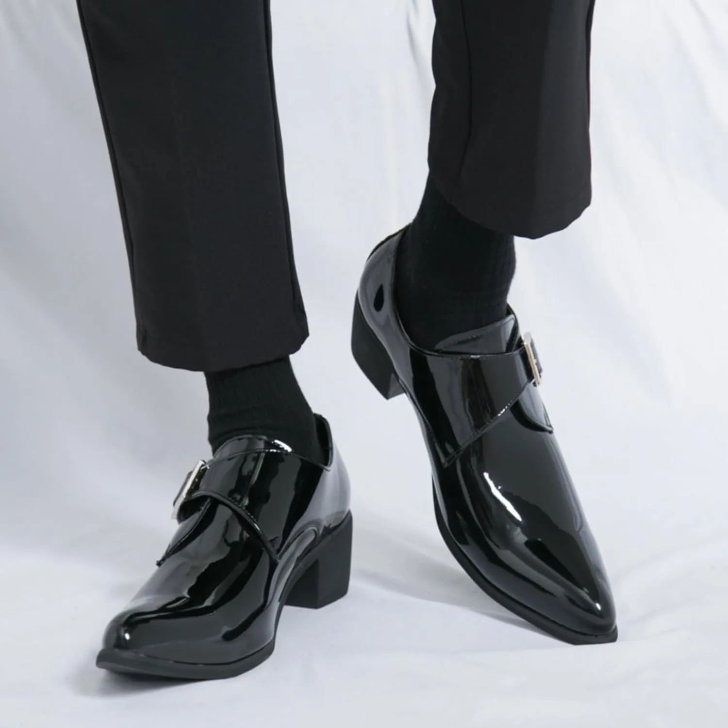 Men's Patent Leather Low Block Heel Loafers with Monk Strap Comfortable Non-Slip Pointed Toe Business Tuxedo Oxford Shoes