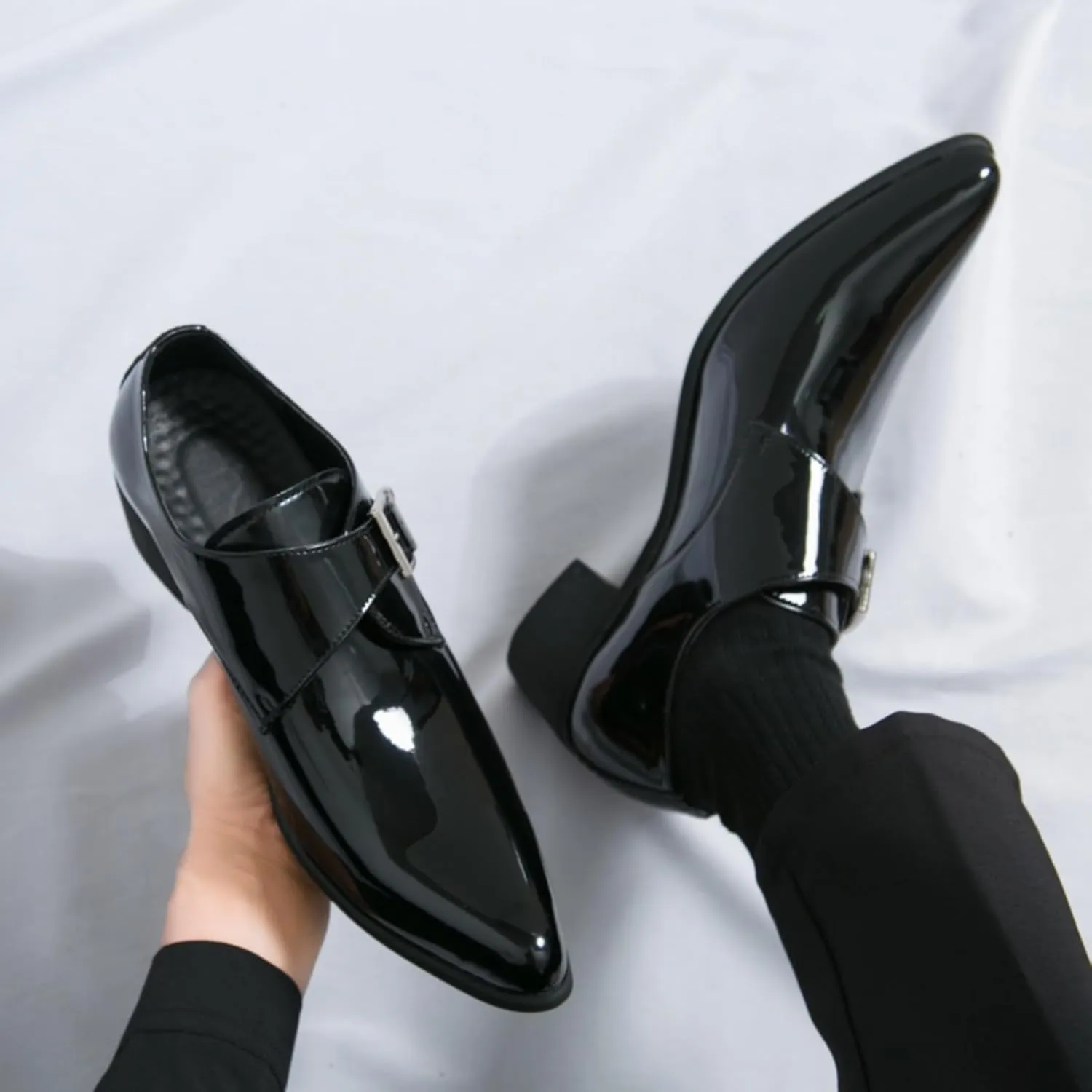 Men's Patent Leather Low Block Heel Loafers with Monk Strap Comfortable Non-Slip Pointed Toe Business Tuxedo Oxford Shoes