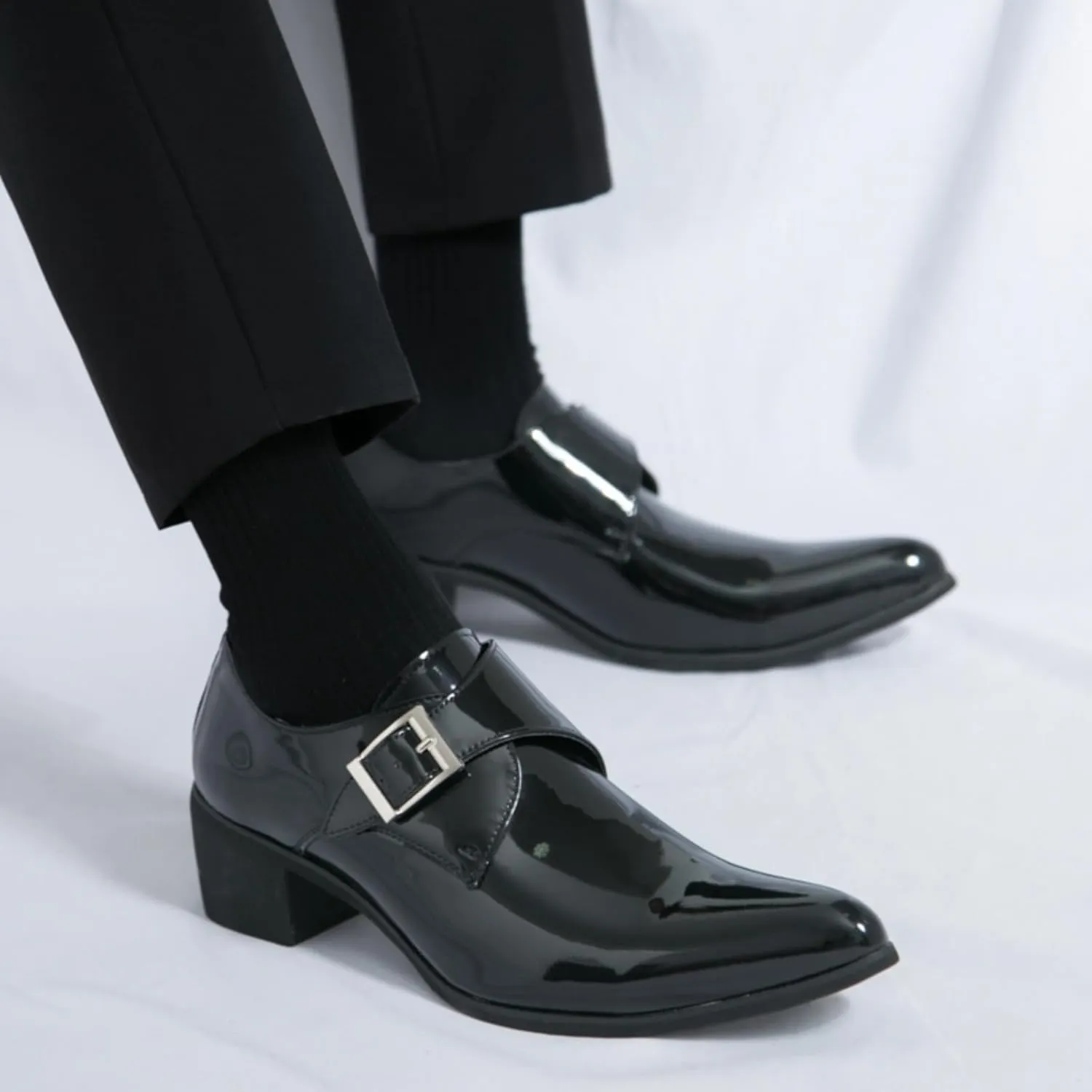 Men's Patent Leather Low Block Heel Loafers with Monk Strap Comfortable Non-Slip Pointed Toe Business Tuxedo Oxford Shoes