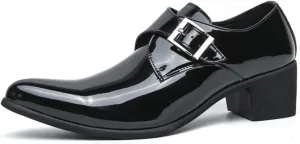 Men's Patent Leather Low Block Heel Loafers with Monk Strap Comfortable Non-Slip Pointed Toe Business Tuxedo Oxford Shoes