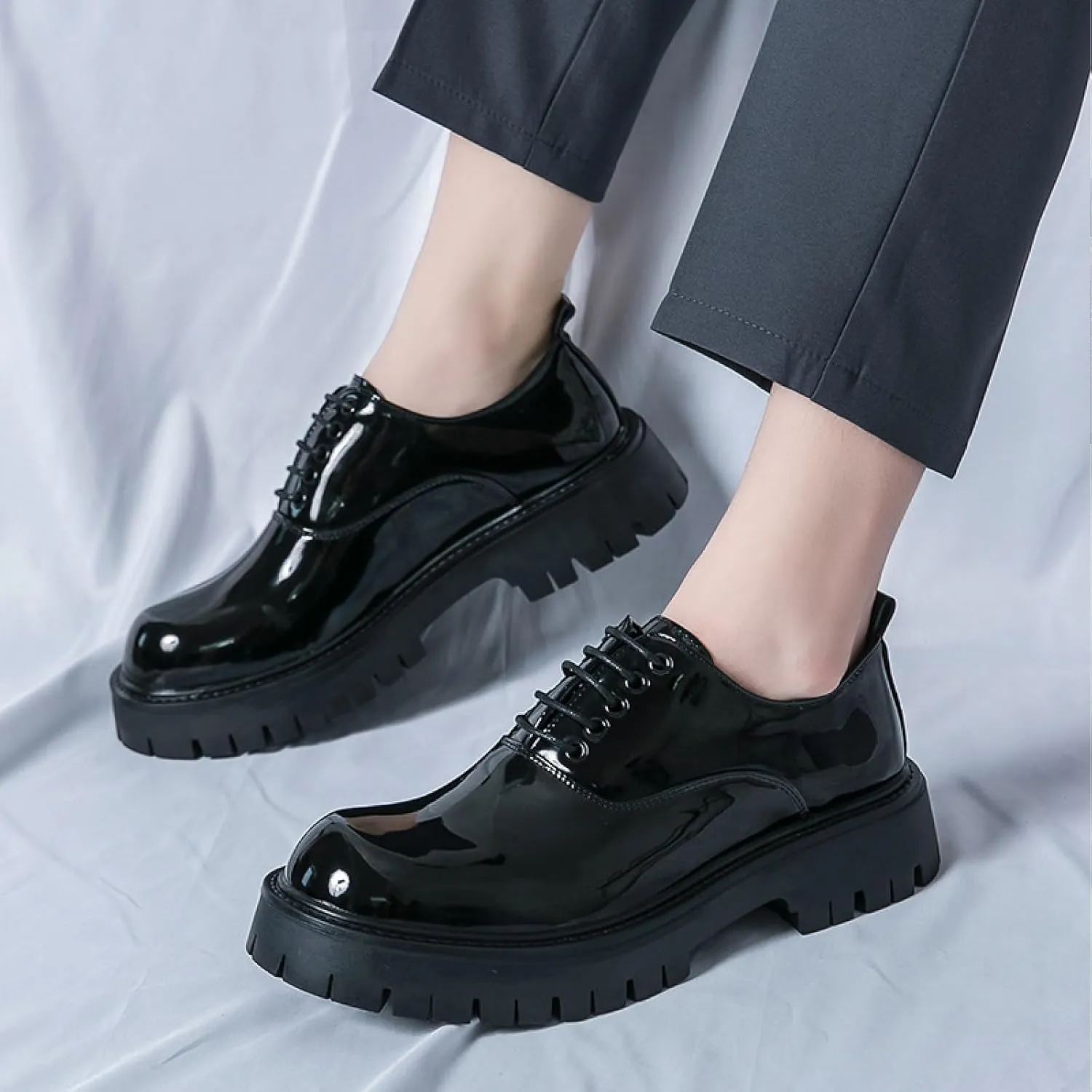 Mens Platform Lace Up Chunky Heel Oxfords Round Toe Slip On Non-Slip Waterproof Lug Sole Business Dress Loafers Derbys Classic Work Office Wedding Formal Shoes