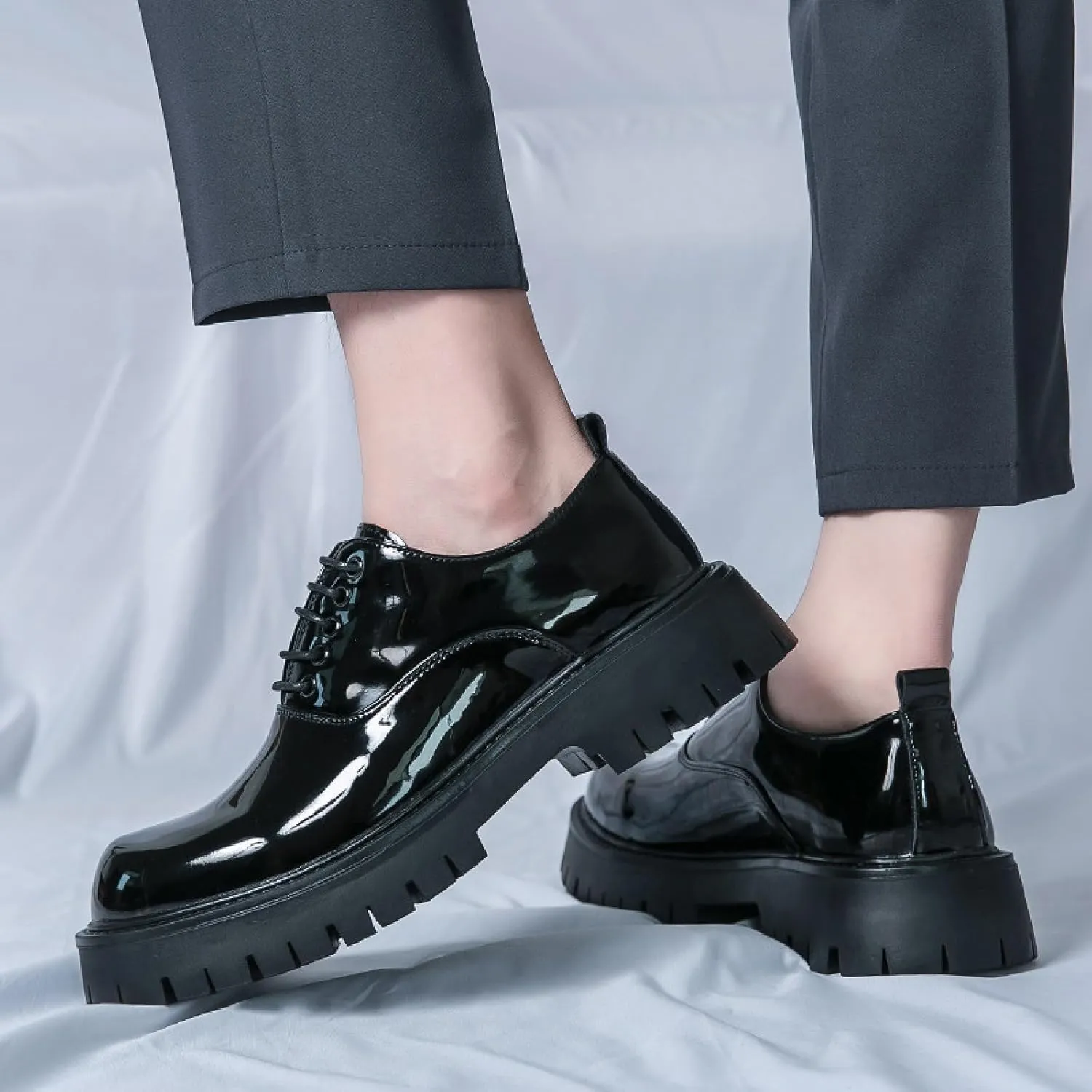 Mens Platform Lace Up Chunky Heel Oxfords Round Toe Slip On Non-Slip Waterproof Lug Sole Business Dress Loafers Derbys Classic Work Office Wedding Formal Shoes
