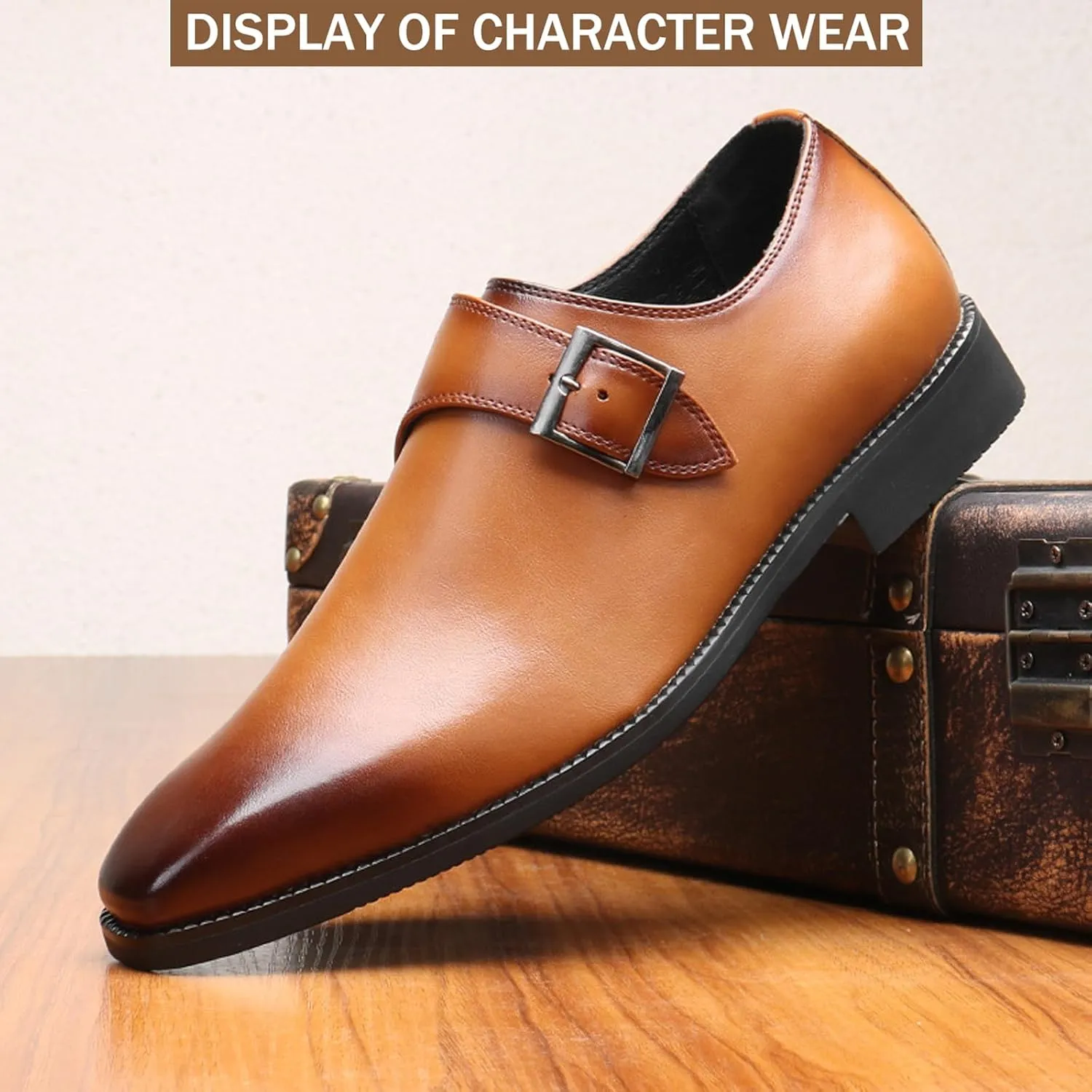 Men's Polishing Leather Low Heel Business Dress Shoes Fashion Pointed Toe Monk Strap Buckle Slip-On Oxford Dress Loafers Modern Wedding Office Work Tuxedo Derby Shoes