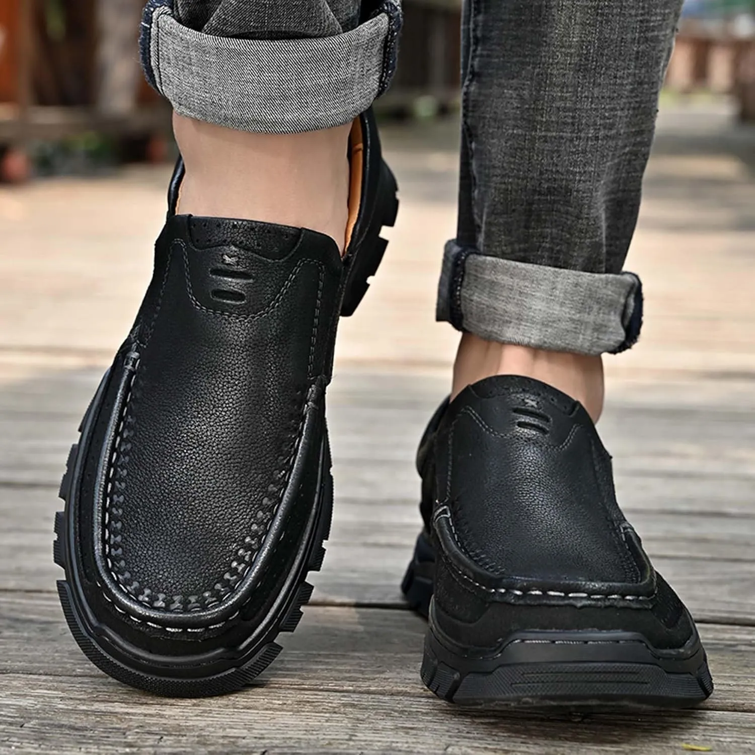 Men's Premium Casual Sneakers, Side Perforated Design, Leather Walking Sneakers, Driving Shoes, Outdoor Sneakers, Comfortable, Soft, Breathable, Non-Slip
