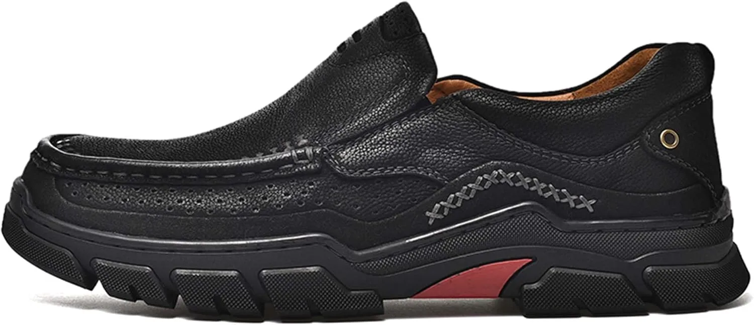 Men's Premium Casual Sneakers, Side Perforated Design, Leather Walking Sneakers, Driving Shoes, Outdoor Sneakers, Comfortable, Soft, Breathable, Non-Slip
