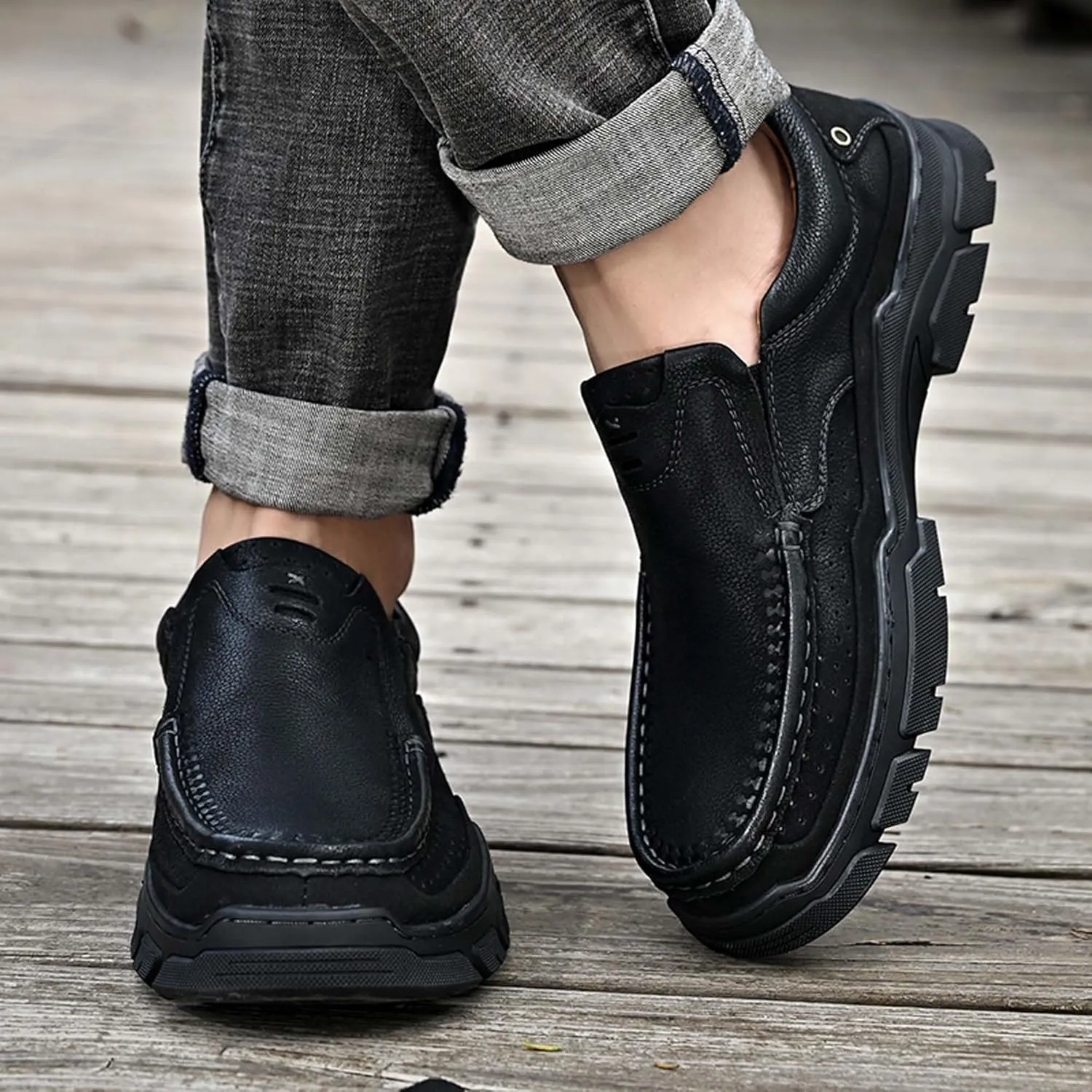 Men's Premium Casual Sneakers, Side Perforated Design, Leather Walking Sneakers, Driving Shoes, Outdoor Sneakers, Comfortable, Soft, Breathable, Non-Slip