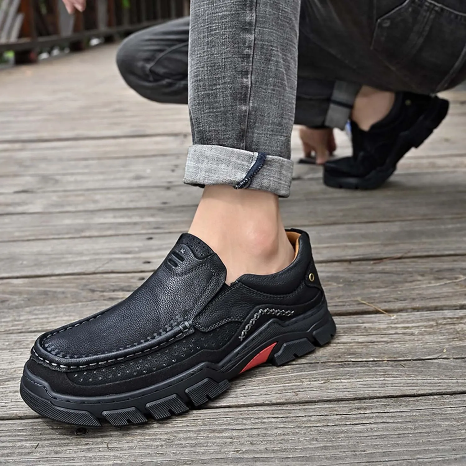 Men's Premium Casual Sneakers, Side Perforated Design, Leather Walking Sneakers, Driving Shoes, Outdoor Sneakers, Comfortable, Soft, Breathable, Non-Slip
