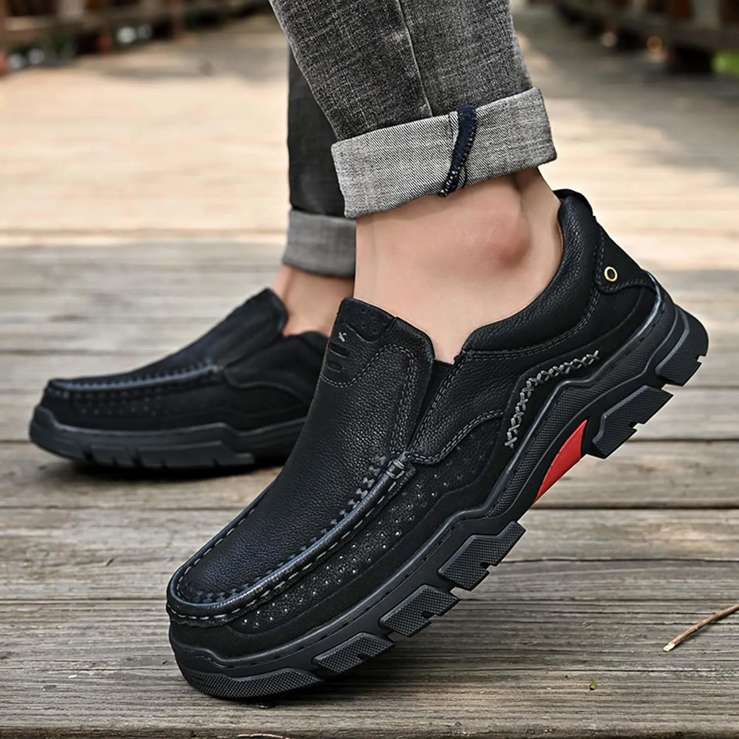 Men's Premium Casual Sneakers, Side Perforated Design, Leather Walking Sneakers, Driving Shoes, Outdoor Sneakers, Comfortable, Soft, Breathable, Non-Slip