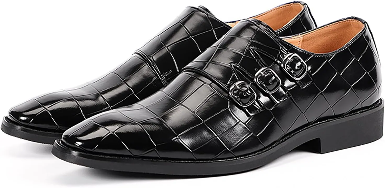 Men's Printed Oxford Dress Shoes,Fashion Metal Buckle Comfortable Pull-on Pointed-Toe Formal Shoes Business Wedding Slip-on Loafers for Men