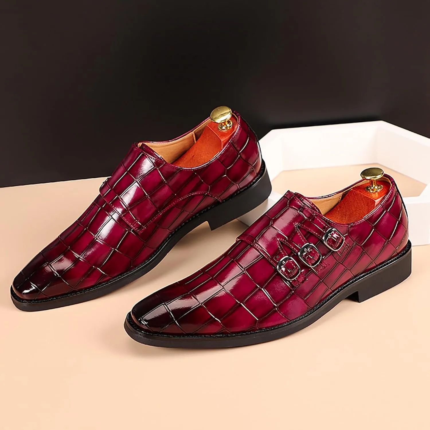 Men's Printed Oxford Dress Shoes,Fashion Metal Buckle Comfortable Pull-on Pointed-Toe Formal Shoes Business Wedding Slip-on Loafers for Men