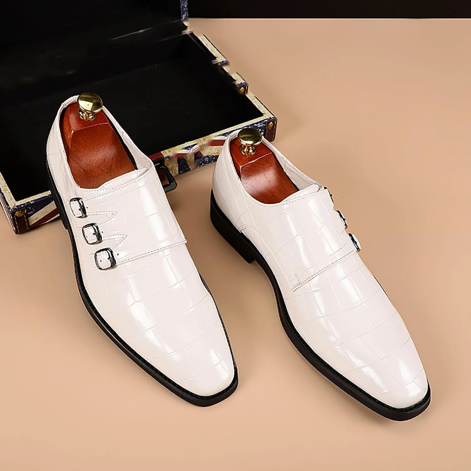 Men's Printed Oxford Dress Shoes,Fashion Metal Buckle Comfortable Pull-on Pointed-Toe Formal Shoes Business Wedding Slip-on Loafers for Men