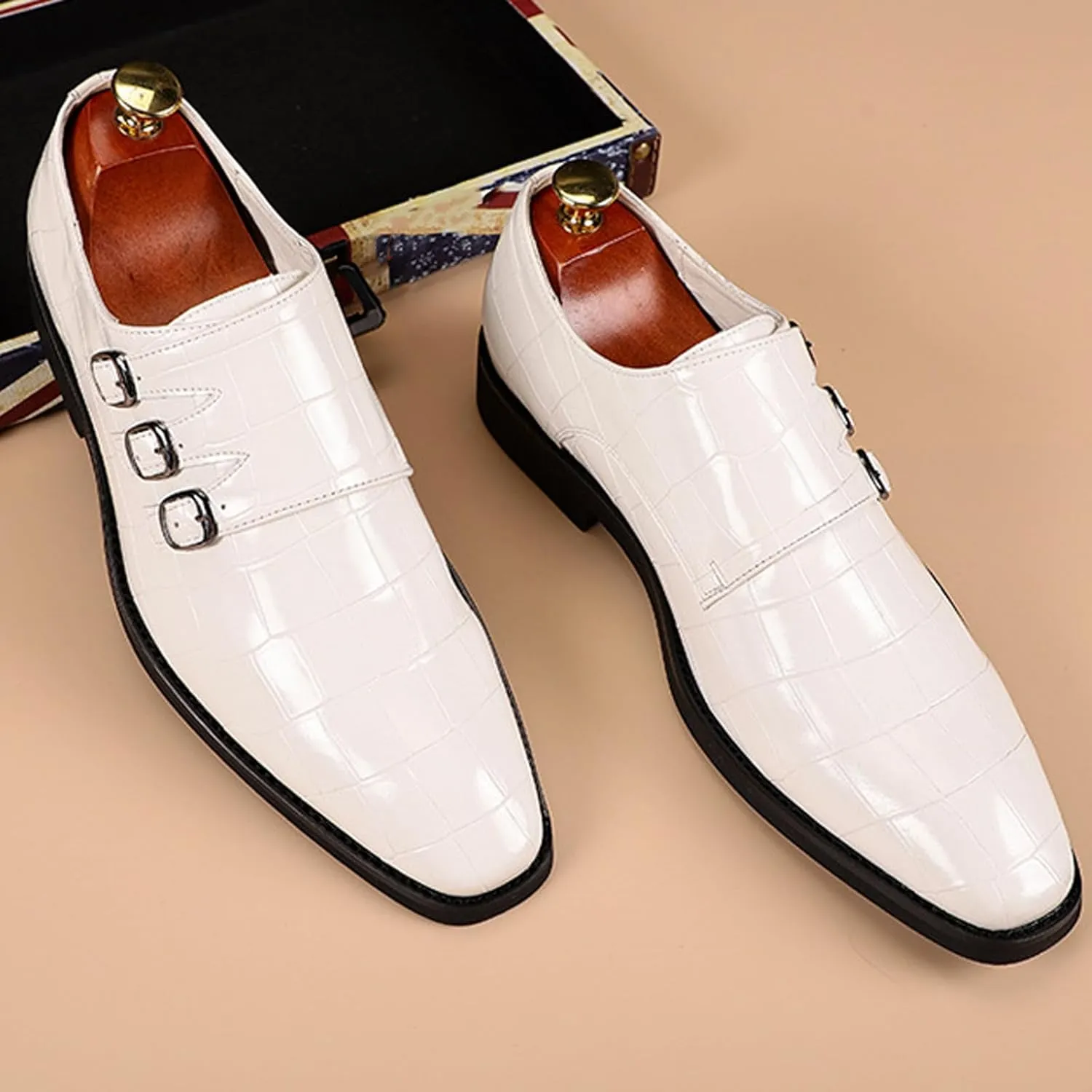 Men's Printed Oxford Dress Shoes,Fashion Metal Buckle Comfortable Pull-on Pointed-Toe Formal Shoes Business Wedding Slip-on Loafers for Men