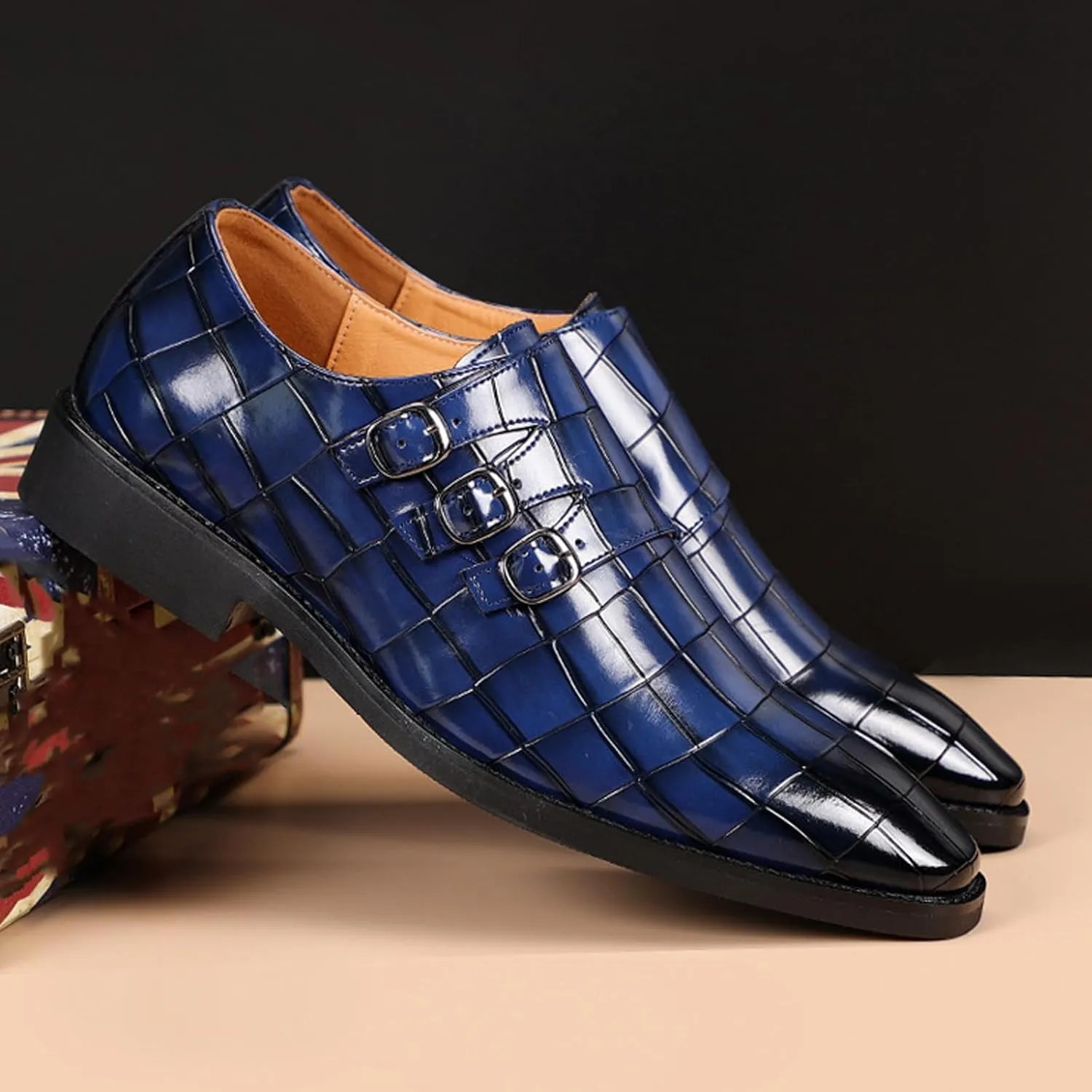 Men's Printed Oxford Dress Shoes,Fashion Metal Buckle Comfortable Pull-on Pointed-Toe Formal Shoes Business Wedding Slip-on Loafers for Men
