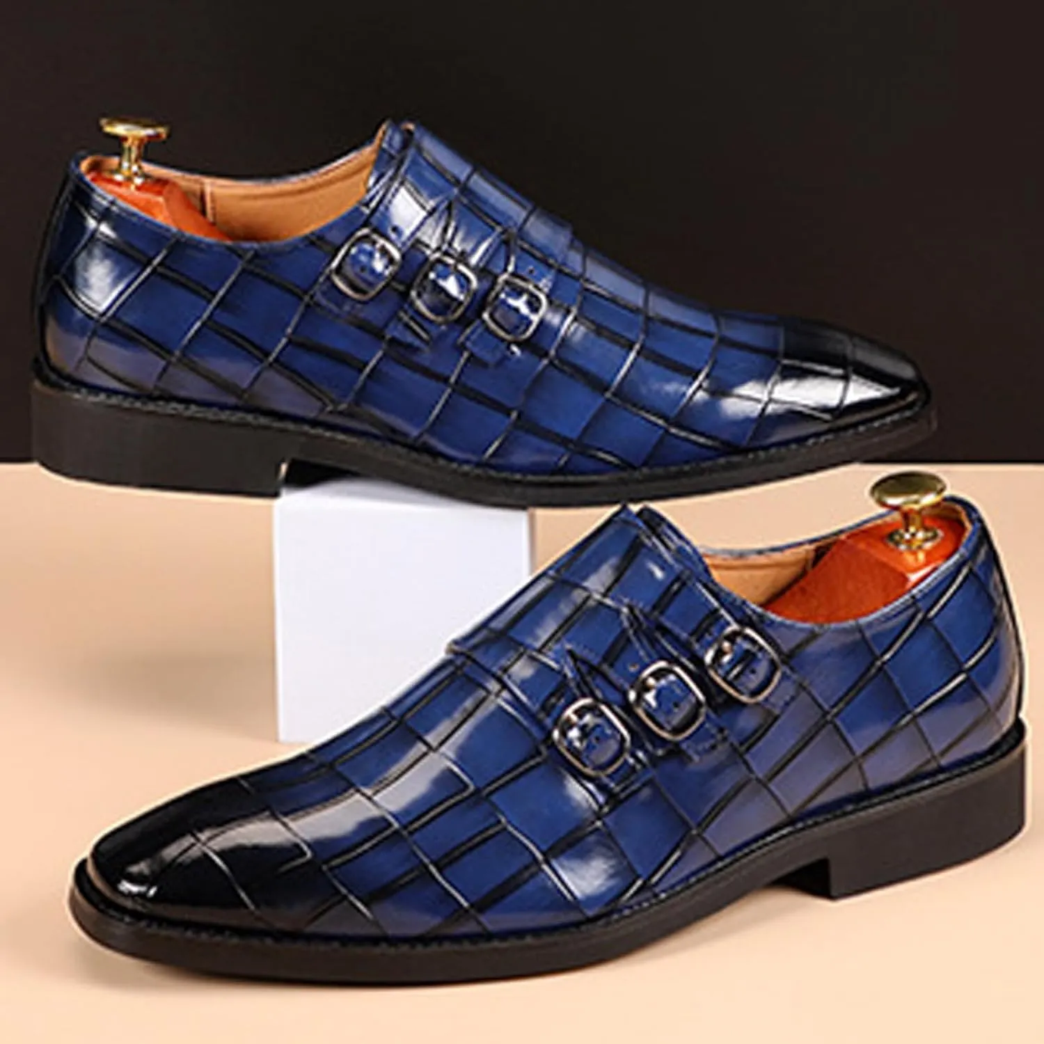 Men's Printed Oxford Dress Shoes,Fashion Metal Buckle Comfortable Pull-on Pointed-Toe Formal Shoes Business Wedding Slip-on Loafers for Men