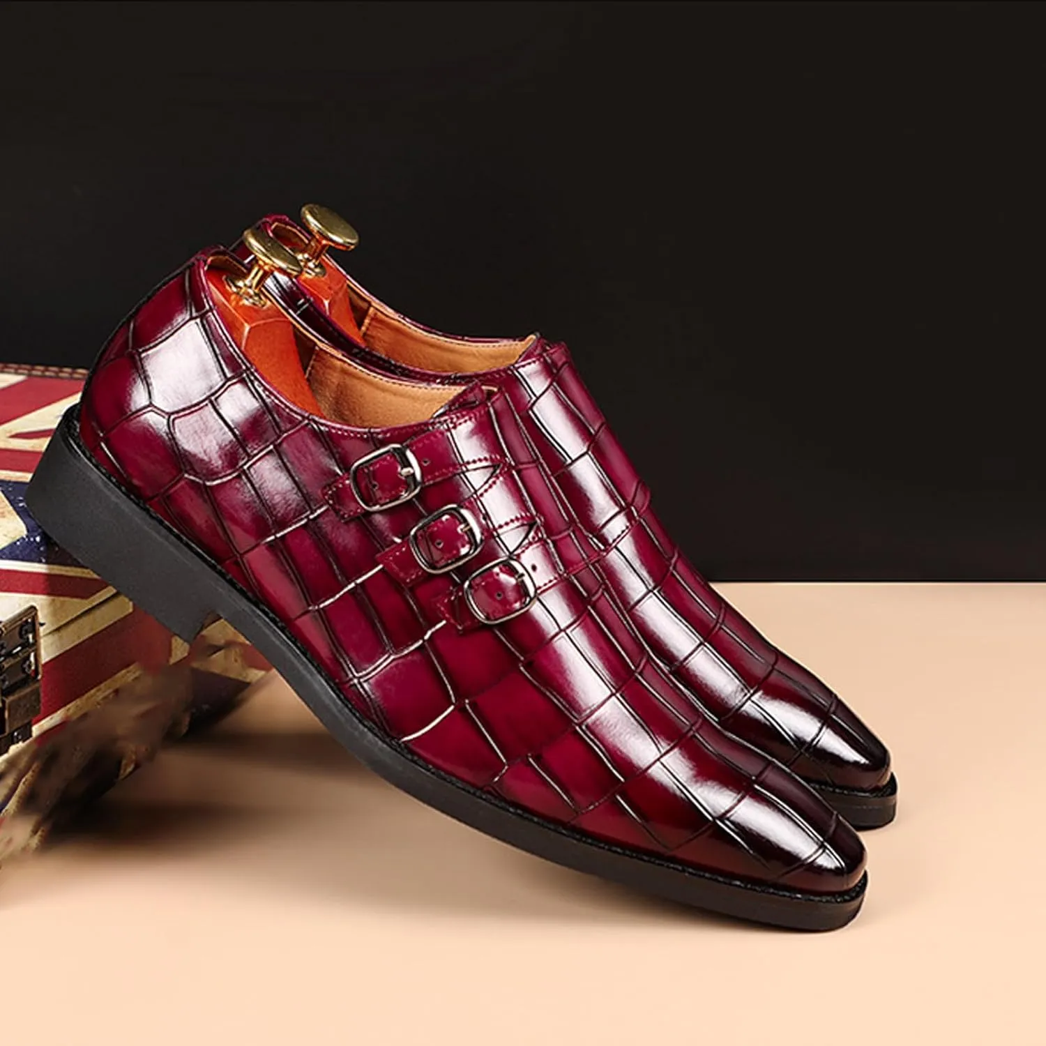 Men's Printed Oxford Dress Shoes,Fashion Metal Buckle Comfortable Pull-on Pointed-Toe Formal Shoes Business Wedding Slip-on Loafers for Men
