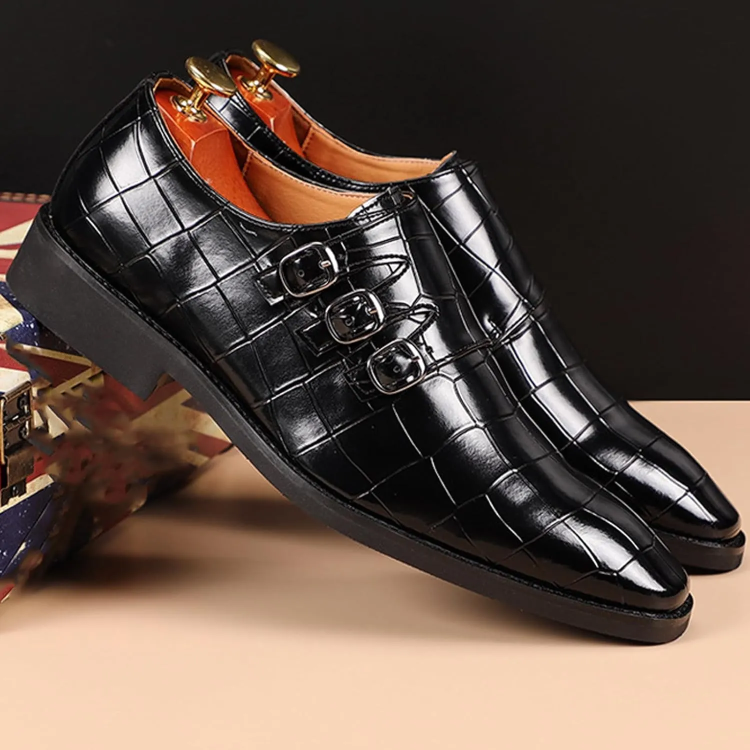 Men's Printed Oxford Dress Shoes,Fashion Metal Buckle Comfortable Pull-on Pointed-Toe Formal Shoes Business Wedding Slip-on Loafers for Men