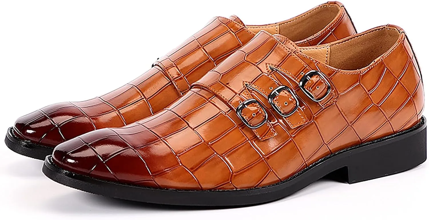 Men's Printed Oxford Dress Shoes,Fashion Metal Buckle Comfortable Pull-on Pointed-Toe Formal Shoes Business Wedding Slip-on Loafers for Men
